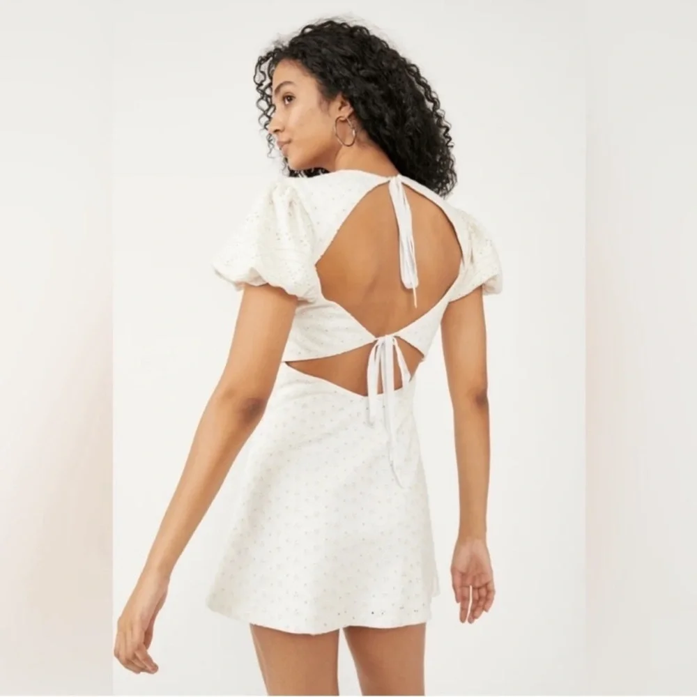 Free People Womens Apricot Rose Mini Dress Puff Sleeve Eyelet White Size L - Picture 5 of 10